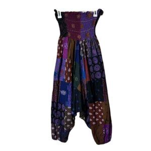 Multicolor patchwork drop crotch harem pull on pants womens L/XL hippie